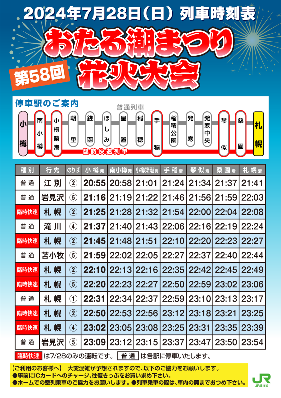 7月28日花火大会終了後のJR小樽駅からの臨時列車と構内への入場につきまして